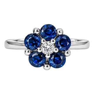 14K White Gold Diamond Sapphire Flower Ring For Sale