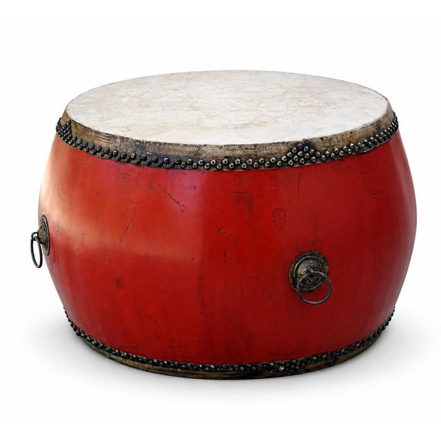 Monumental Antique 48" Chinese Ceremonial Drum Round Table Red Lacquered For Sale - Image 12 of 18
