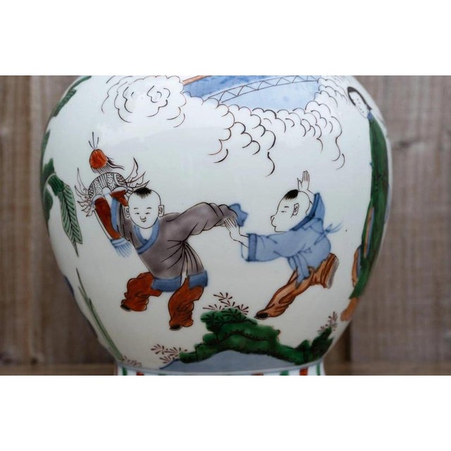 20th Century Chinese Wucai Porcelain Figural Vase with Scholars and Children For Sale - Image 9 of 18
