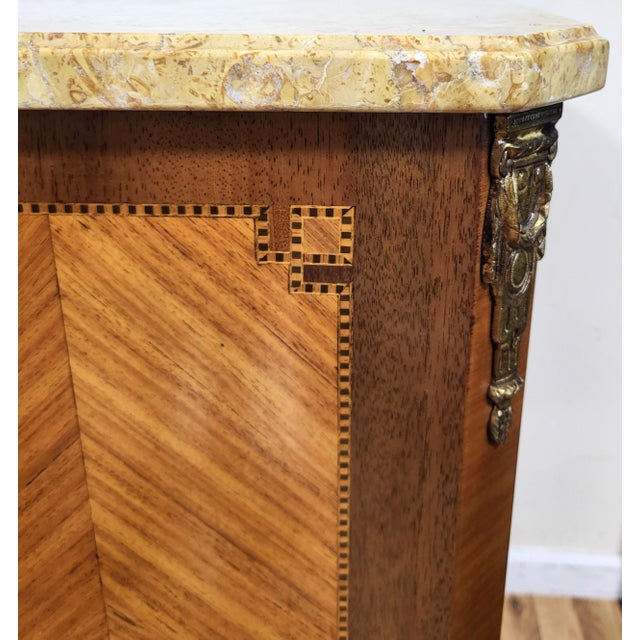 Pair Antique French Louis XV Style Inlaid & Sienna Marble Chest Commodes Signed For Sale - Image 10 of 18