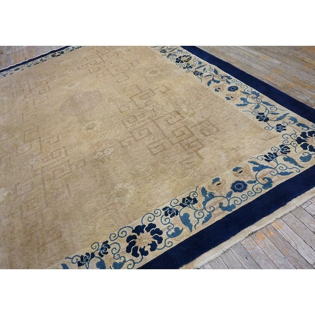 Textile 1930s Beige Open Field Light Blue Floral Shou Symbols Antique Chinese Peking Rug For Sale - Image 7 of 10