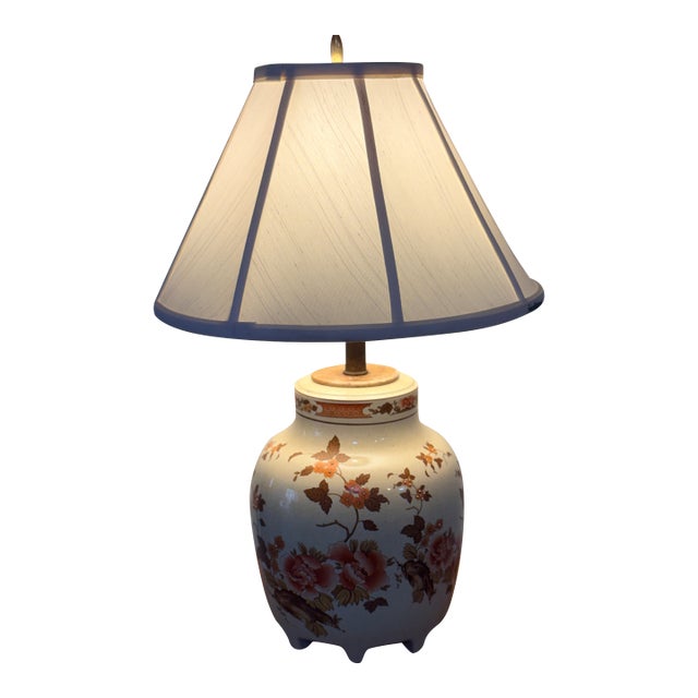 1950s Mid‑Century Modern Floral Ceramic Table Lamp With Soapstone Collar For Sale
