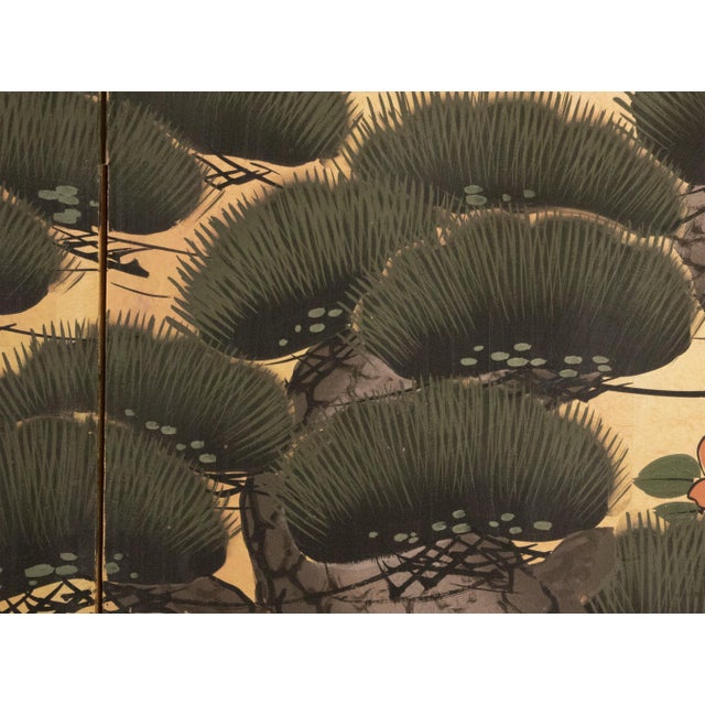 Wood "Big Pine Tree and Egrets", Showa Era Japanese Byobu Screen For Sale - Image 7 of 18