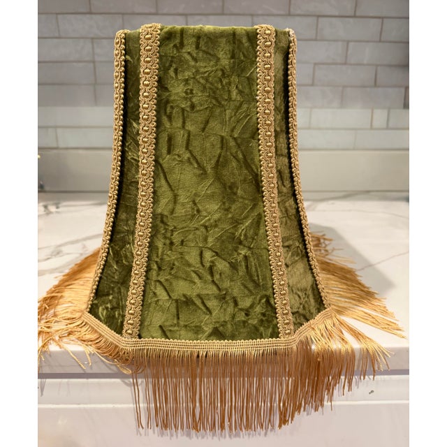 2020s Unique Olive Velvet Lampshade With Smart Portrait Panel and Gold Fringe- And It Glows! For Sale - Image 5 of 8