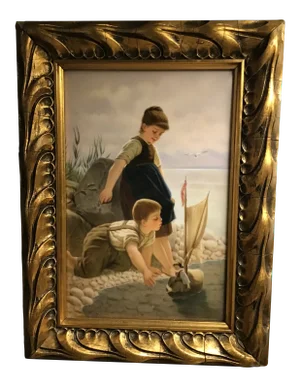 Early 20th Century KPM Porcelain Hand Painted Tile Plaque with Children and Toy Sailboat, Framed