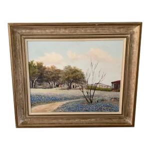 1960s Bluebonnet Framed Oil Painting on Canvas by F. De La Fuente