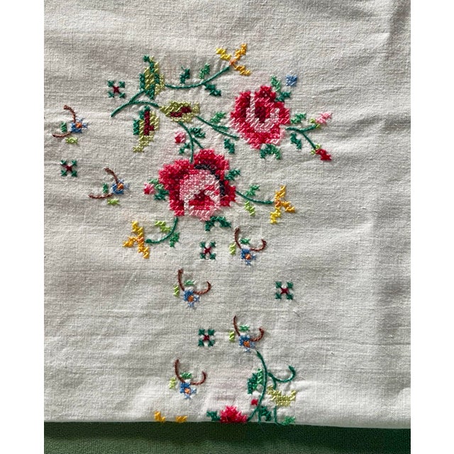 White Early 20th Century Embroidered Floral Square Tablecloth For Sale - Image 8 of 11