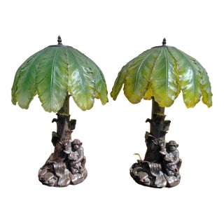 Late 20th Century Pair of Whimsical Monkey Table Lamps With Palm Frond Shade For Sale