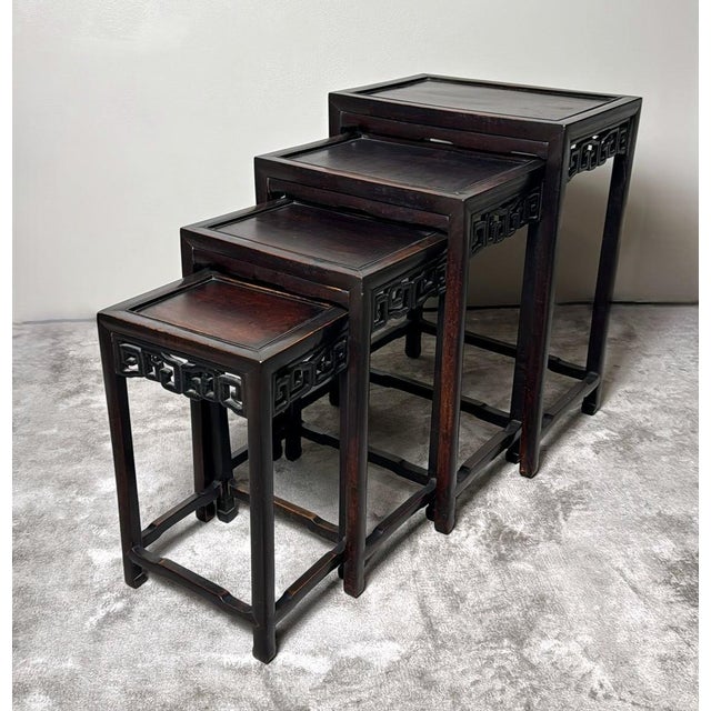 Asian Qing Dynasty-Style Set of 4 Chinese Wooden Nesting Side Tables For Sale - Image 3 of 12