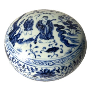 Antique Chinese Ming Blue & White 9" Porcelain Box & Lid For Sale