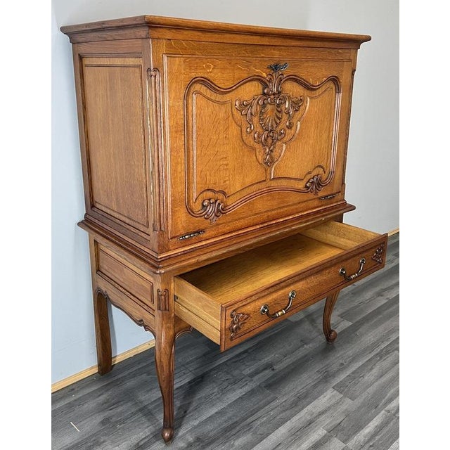 Vintage French Louis Style Carved Oak Cabinet with Drawer For Sale - Image 9 of 12