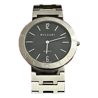 1990s Bvlgari Estate Sapphire Crystal Quartz Watch Stainless Steel 38 Mm For Sale