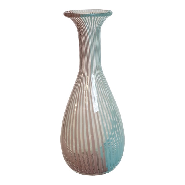 Mezza Filligrana Art Glass Vase Vintage Hand Blown 10.75in For Sale