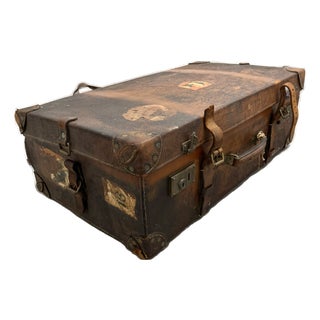 Antique Early 20th Century Leather Moynat Paris Luggage Trunk With Cruise Line Stickers For Sale