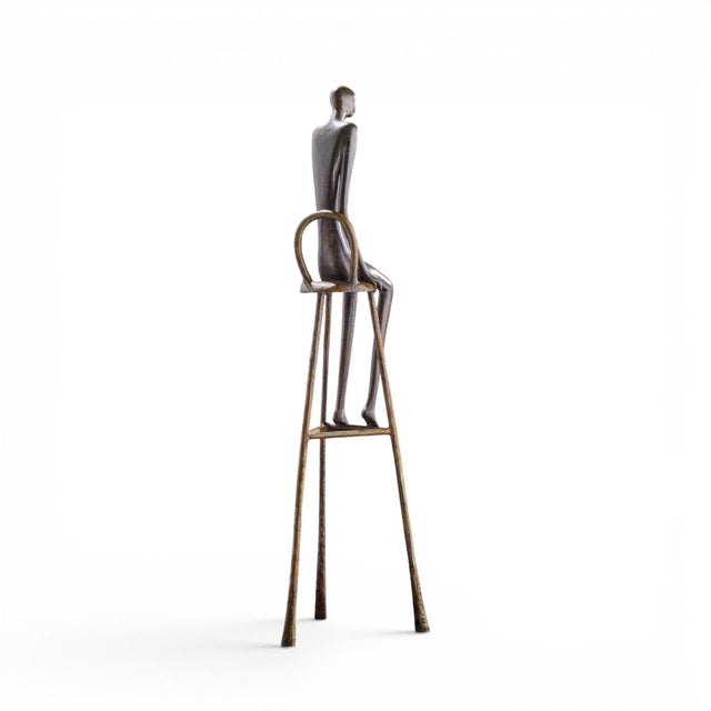 Metal Ruth Bloch Signed 4/15 Israeli Man on Stool Bronze Sculpture For Sale - Image 7 of 10