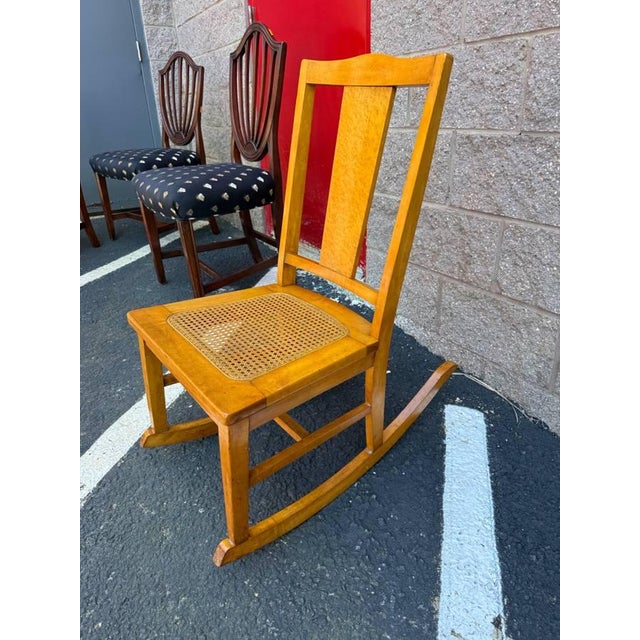 Vintage Rustic Country Colonial Oak Wood Cane Rocking Chair Solid mixed wood frame, caning seat Approximate measures:L...