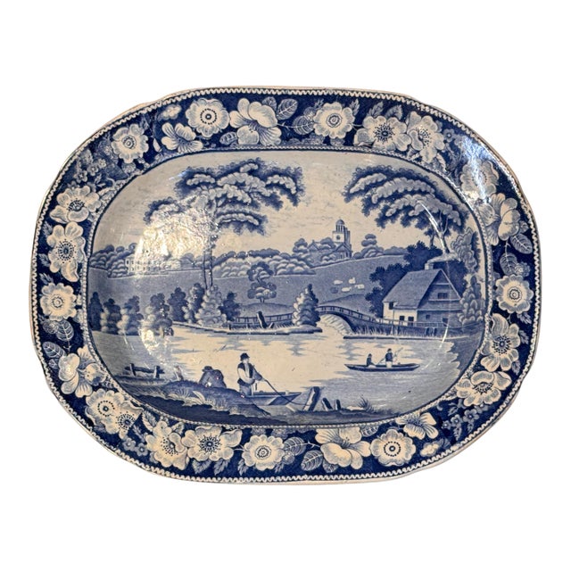19th Century Blue Transferware Plate With Boatman Scene For Sale