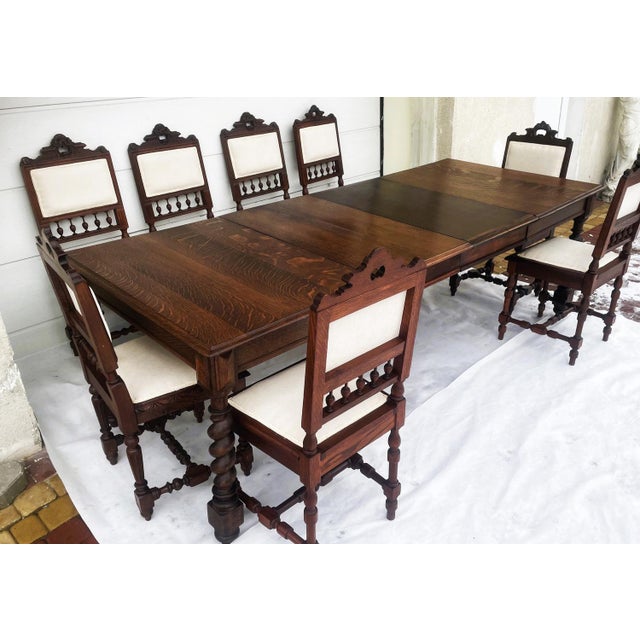 Brown Antique Oak Extendable Dining Table and Chairs, 1900-1930, Set of 9 For Sale - Image 8 of 18