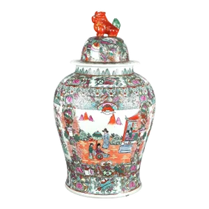 Oversized Chinese Rose Medallion Enameled Porcelain Figural Covered Urn, 20th Century