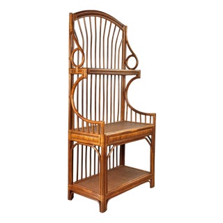 Vintage Coastal Boho Rattan Tiered Hall Stand Etagere Shelf For Sale