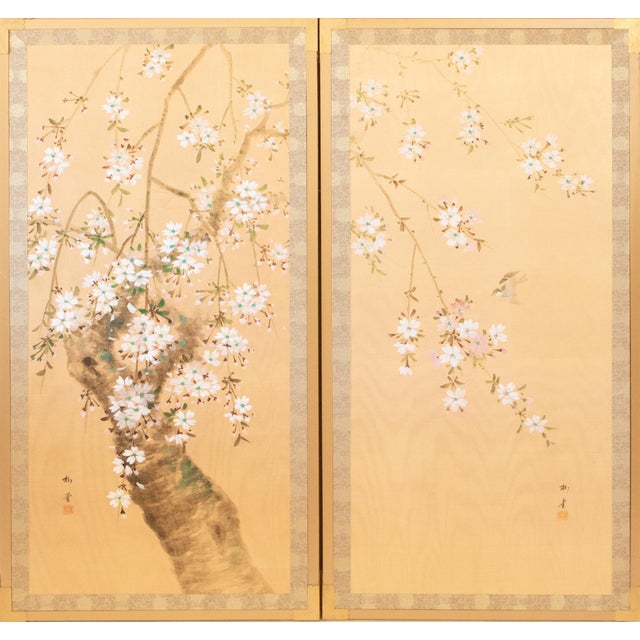 C. 1970s "Sparrow and Blossoming Sakura" Showa Era Japanese Painted Silk Panels, a Pair For Sale - Image 15 of 17