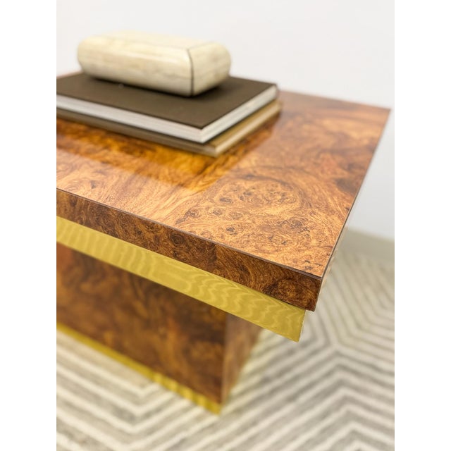 Brown Mid 20th Century Milo Baughman Style Burlwood Brass Trim Side Table Vintage MCM Postmodern Accent For Sale - Image 8 of 11