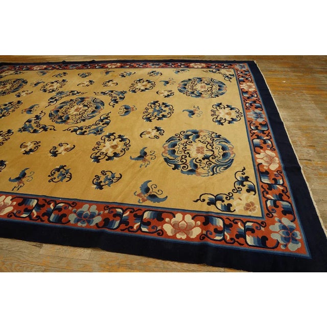 1980s Beige Medallion Vintage Modern Chinese Peking Carpet 9'4" X 12'3" Knotted Wool Rug For Sale - Image 9 of 12
