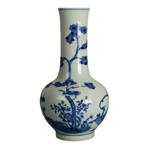Chinese Blue & White Pottery Bottle Vase with Garden Scene & Deer, Early 20th Century