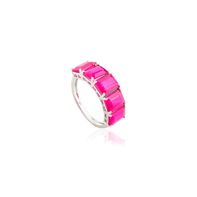 Contemporary Contemporary Octagon Cut Ruby 14k Gold Half Eternity Band Size 6.5 For Sale - Image 3 of 11