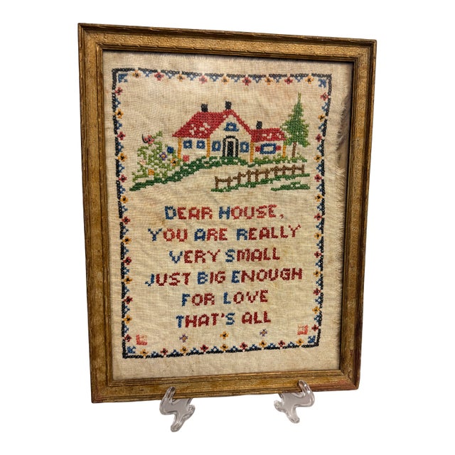 Antique Dear House Sampler in Frame For Sale