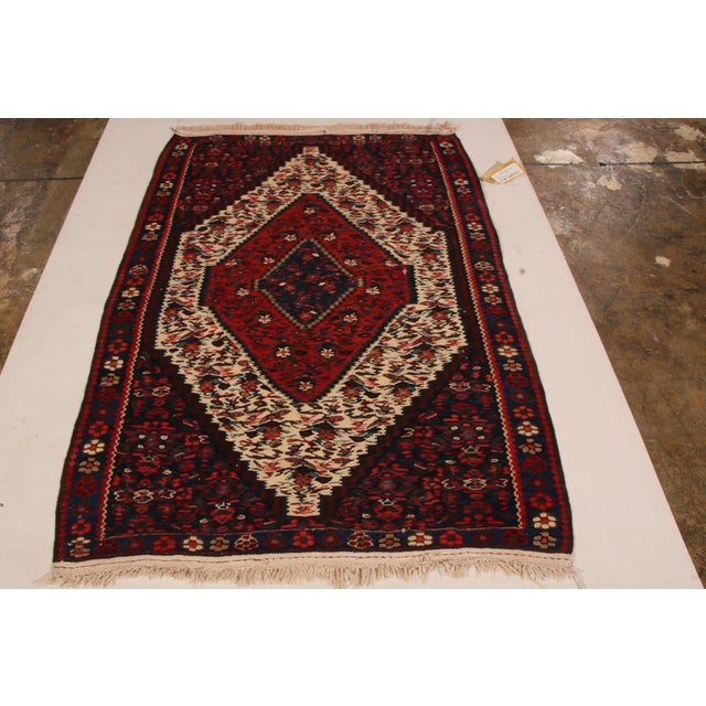 Traditional Mid Century Persian Kilim Rug Wool Red Cream Floral Senneh Traditional Flat Weave For Sale - Image 3 of 5