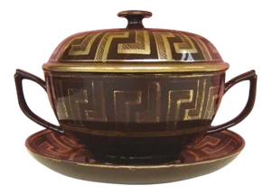 1820s English Regency Coalport Porcelain Ecuelle Bowl, Cover & Stand with Gilt Greek Key