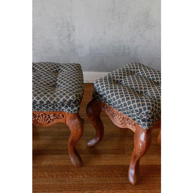 Set of 3 Antique Hand Carved Solid Walnut Stools With Perfect Upholstery For Sale - Image 12 of 13