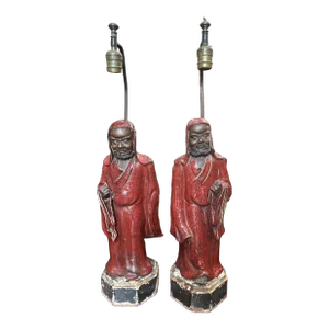 Antique Chinese Shiwan Ware Pottery Statue Lamps - a Pair