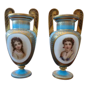 Antique Bohemian Glass Moser Vases with Bronze Handles - a Pair