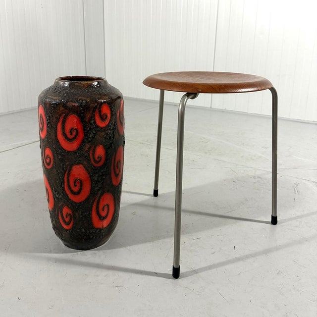 Colourful large ceramic vase, floor vase, West-Germany. Brown Fat Lava ceramic with redorange glossy pattern, probably by...
