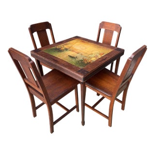 1930s Convertible Game Table With Decoupage Top & Fireplace Screen Function With Four Chairs - Set of 5 For Sale