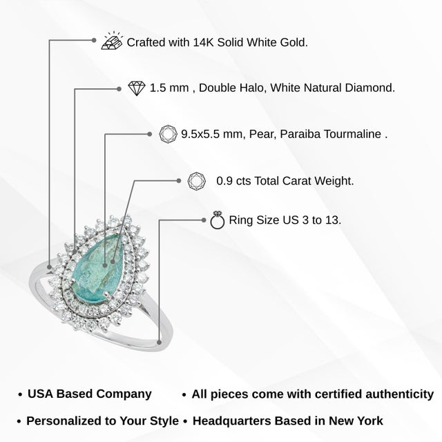 14k White Gold Double Halo Diamond Paraiba Tourmaline 1Carat Engagement Ring Size 7 For Sale - Image 13 of 18