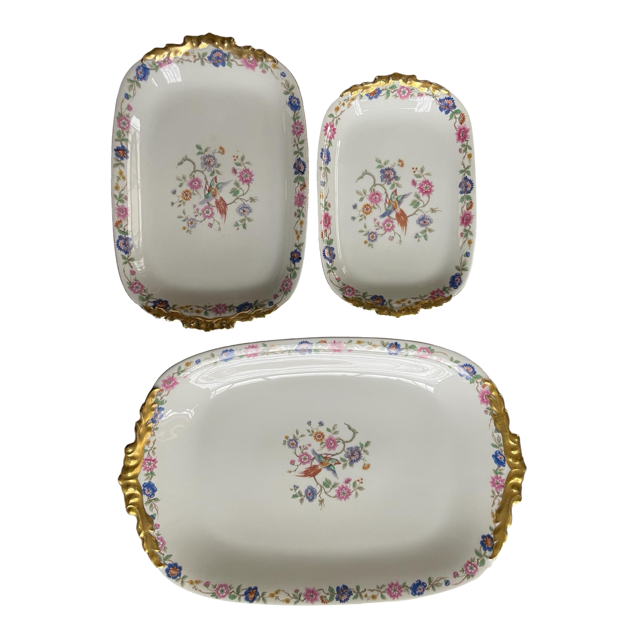 1960s Bird of Paradise Limoges France Porcelain Platters - Set of
