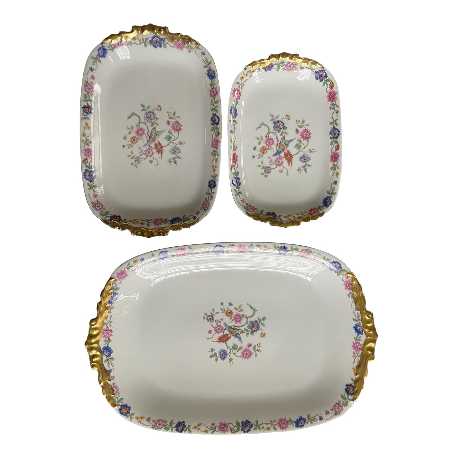 1960s Bird of Paradise Limoges France Porcelain Platters - Set of