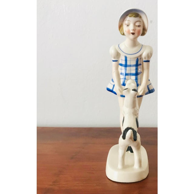 Vintage Porcelain Girl and Schnauzer/Airedale Dog Figurine, Made in Japan For Sale - Image 10 of 11