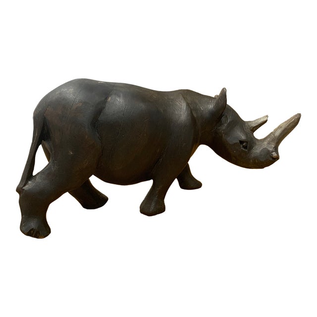 Vintage Carved Wooden Rhinoceros Sculpture For Sale