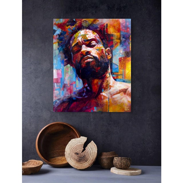 Soul Searching by Jon Wassom | Mixed Media on Canvas Portrait of a man with vibrant colors. For Sale - Image 4 of 5