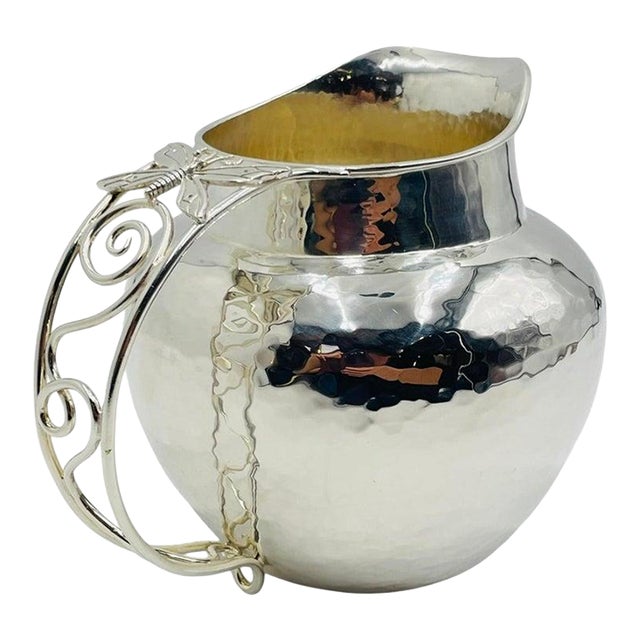 1980s Whimsical Emilia Castillo Water Pitcher in Hammered Silver Finish, Mexico Silver For Sale