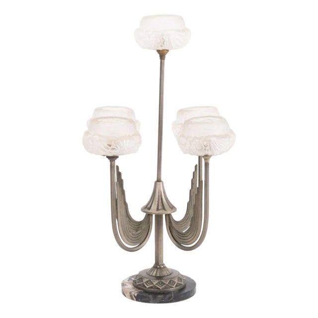 Art Deco Five-Branch Glass and Marble Table Lamp For Sale