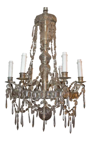 1910 - 1920 Antique French Art Deco "Maison Bagues" Signed Cut Crystal Steel Framed 6 Light Chandelier