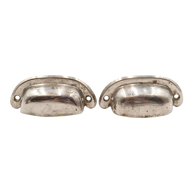 Pair of Vintage 3.625 In. Polished Nickel Brass Cup Bin Pulls For Sale