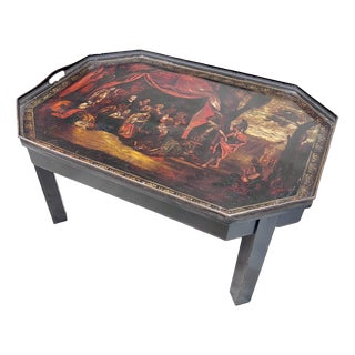 19th Century Octagonal Tole Tray Table with The Family of Darius Before Alexander the Great For Sale