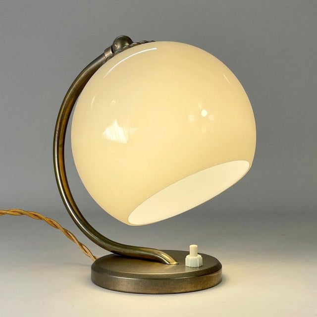 Art Deco Brass and Opaline Glass Table Lamp, Germany, 1930s For Sale - Image 3 of 15