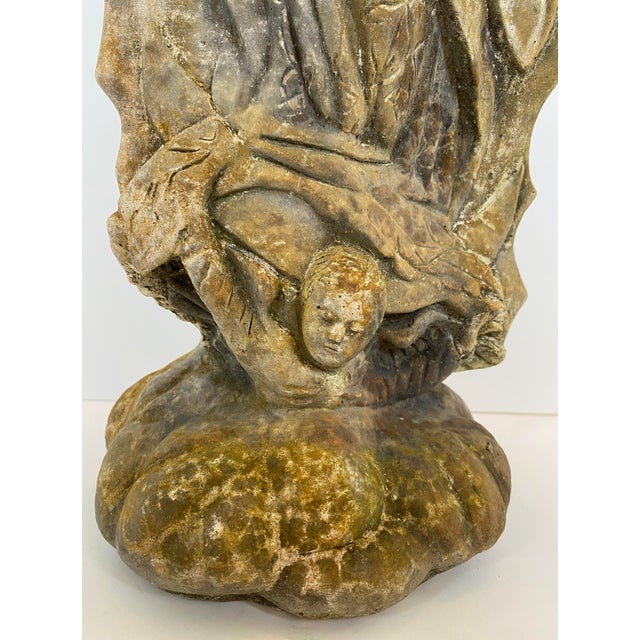 Tan French Madonna & Child Cast Stone Garden Sculpture, Devotional Figure W/Serpent For Sale - Image 8 of 9